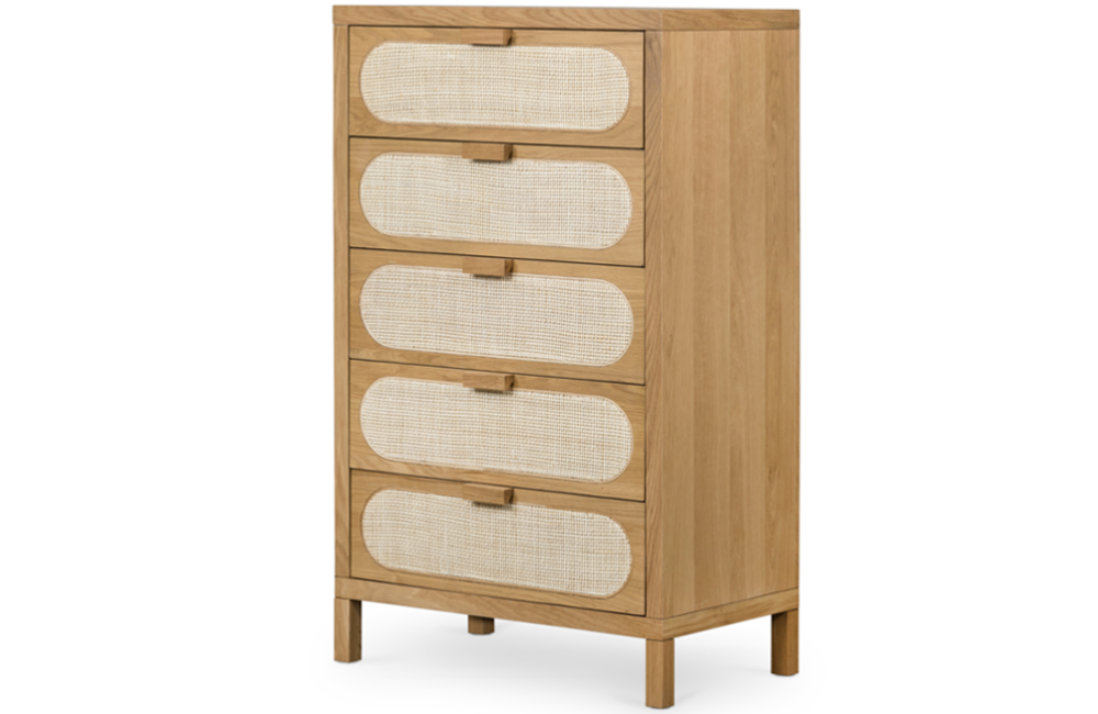Ailsa 5-Drawer Dresser Dresser Cane Wood Drawers Honey Brown Light Beige natural Oak Woven
