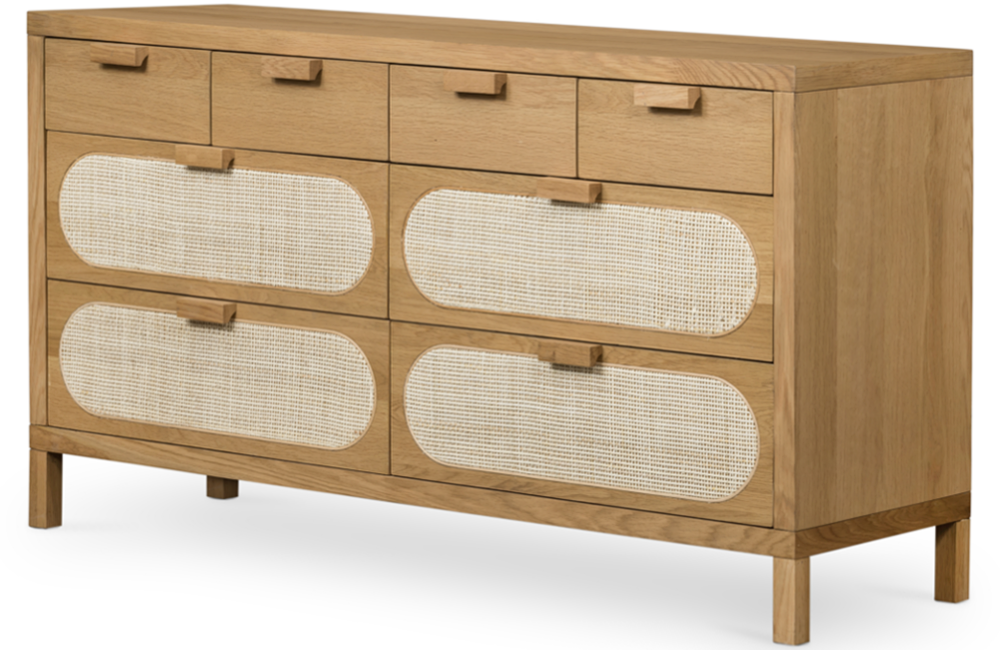Ailsa 8-Drawer Dresser Dresser Cane Wood Drawers Honey Brown Light Beige natural Oak