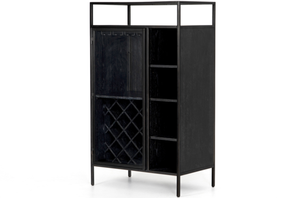 Bertille Bar Cabinet Bar Cabinet Black Door Glass Iron Oak Open Shelving