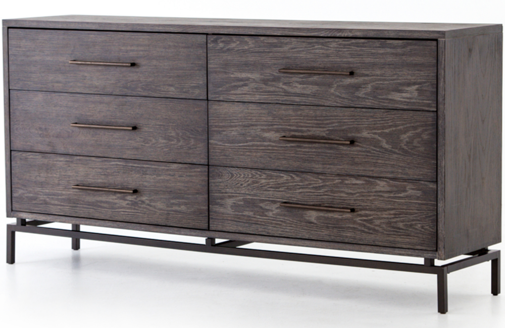 Gavino 6-Drawer Dresser Dresser Brass Drawers Grey Metal natural Oak