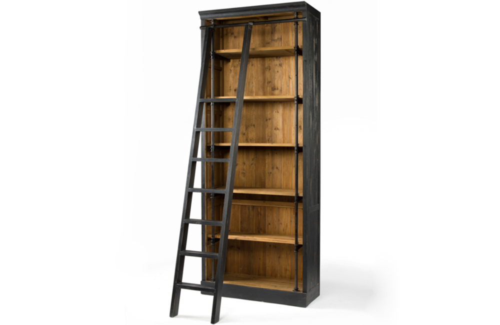 Ian Bookcase with Ladder Bookcase Antique Brown Antiqued Black Iron Matte Black Pine