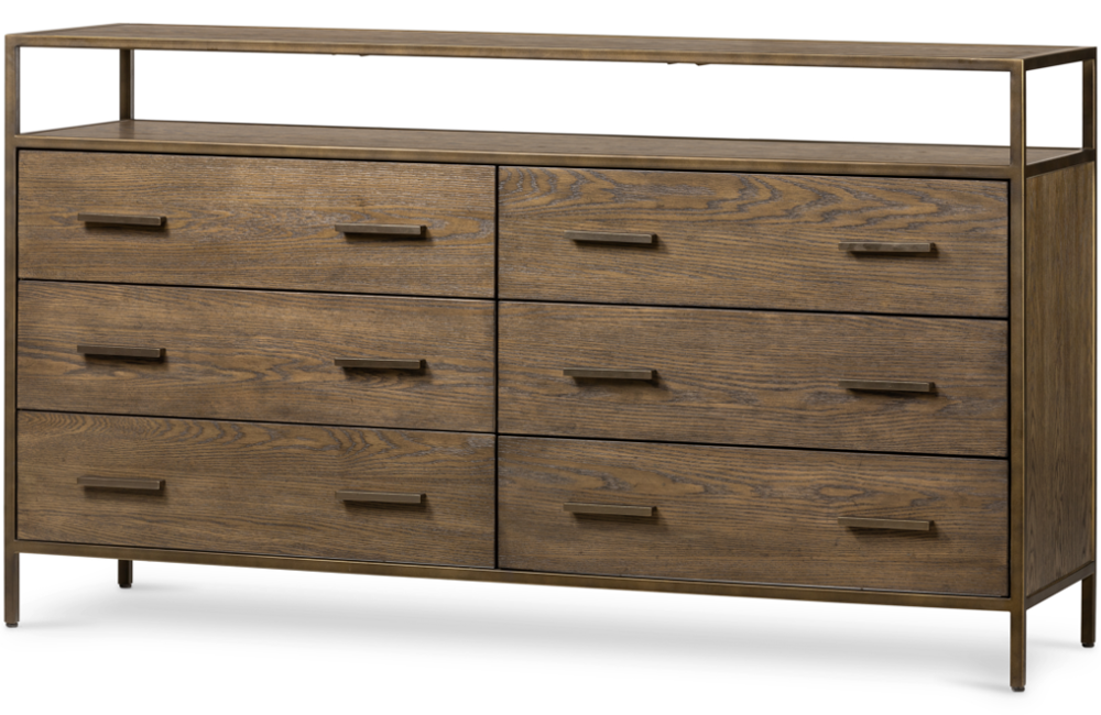 Mancini 6-Drawer Dresser Dresser Bronze Drawers Hazel Finish Iron natural Oak Veneer