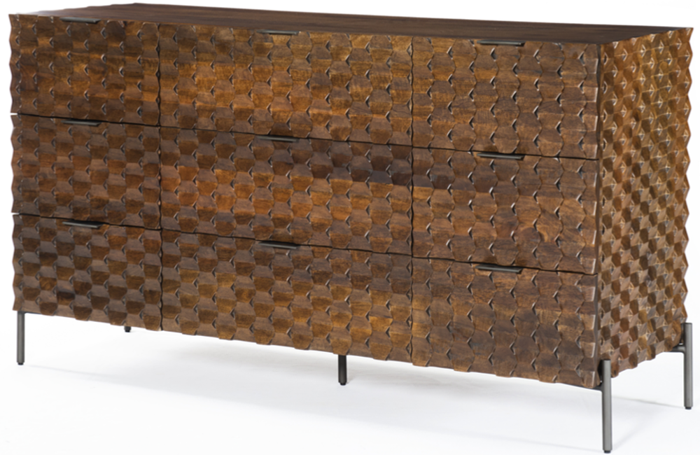 Radcliff 9-Drawer Dresser Dresser Antique Brown Carved Drawers Gunmetal finish Iron mango wood
