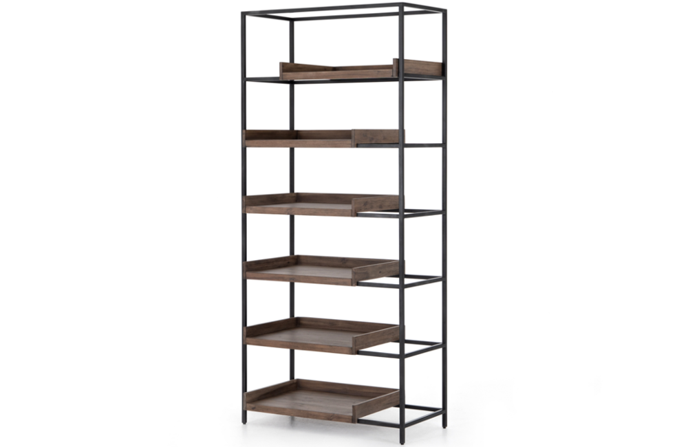 Ruane Bookshelf Bookshelf Acacia Adjustable Dark Gunmetal Iron Open Shelving Removable