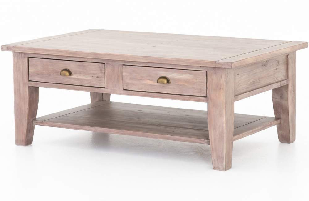 Tramore Coffee Table  Aged Brass Drawers Light Brown Metal natural Pine Reclaimed