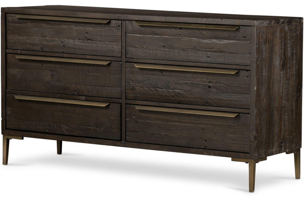 Wilfred 6-Drawer Dresser Dresser Antiqued Brass Dark Carbon Dark Gunmetal Drawers Light Brown Mild Steel natural Pine Reclaimed