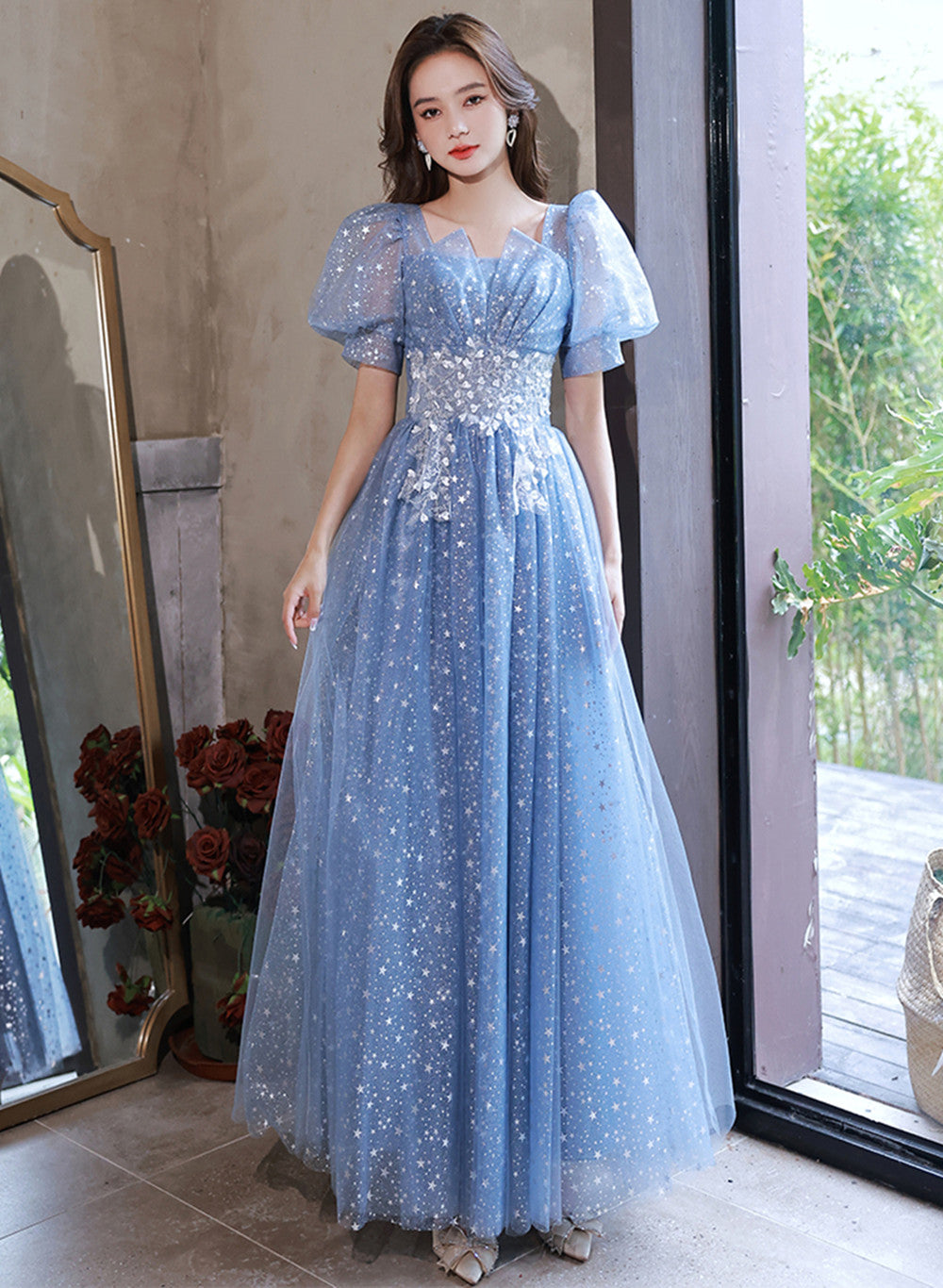 Light Blue Tulle A-line Floor Length Formal Dress, Light Blue Evening ...