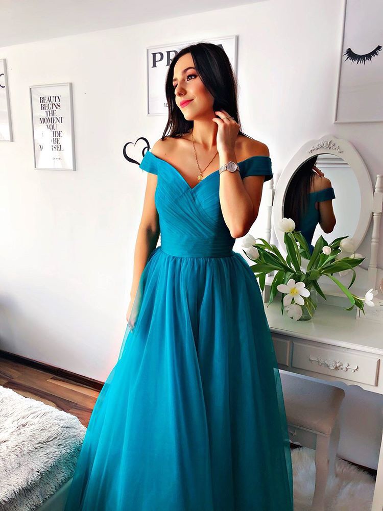 blue tulle off shoulder gown