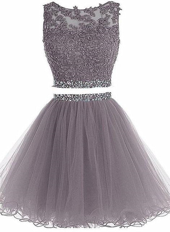 Lovely Grey Tulle Two Piece Homecoming Dress, Short Prom Dress – Cutedressy