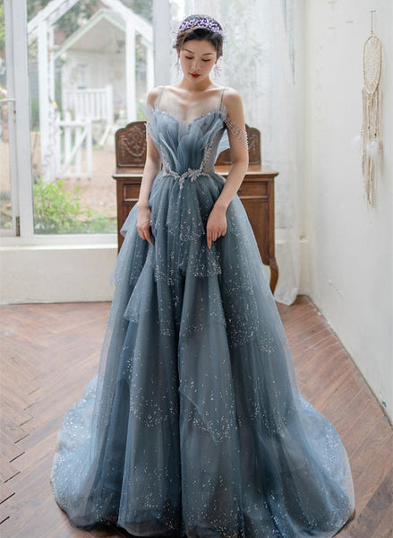Blue Tulle Straps V-neckline Long Formal Dress, Blue Layers Tulle Prom ...