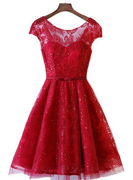 Wine Red Tulle Short Sleeves Tea Length Party Dress with Lace, Dark Re –  Cutedressy