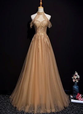 Beautiful Champagne with Gold Applique Long Party Dress, Sweet 16 Dres –  Cutedressy