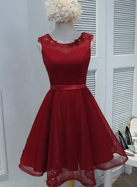 Wine Red Tulle Short Sleeves Tea Length Party Dress with Lace, Dark Re –  Cutedressy