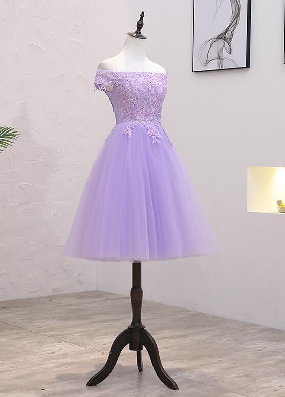 Light Purple Lace and Tulle Off the Shoulder Homecoming Dress, Short P