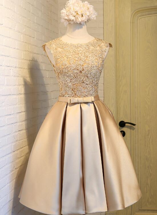 Lovely Satin Gold with Lace Knee Length Prom Dress, Short Party Dress ...