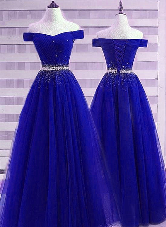 Beautiful Royal Blue Off Shoulder New Prom Dress , Beaded Party Dress ...