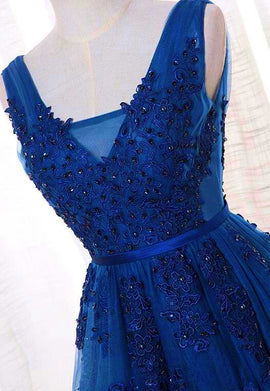 Light Blue V-neckline Lace Prom Dress with Corset Back, Light Blue Long  Evening Dresses