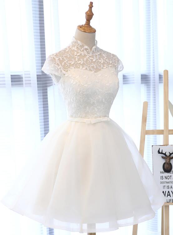 Cute White Tulle Short Lace Cap Sleeves Party Dress, White Homecoming ...