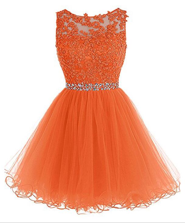 Round Neckline Orange Tulle Beaded Homecoming Dress, Short Party Dress ...