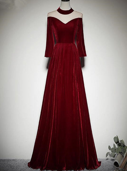 Burgundy Long Sleeves Round Neckline Party Dress, A-line Floor Length ...