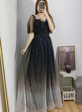 Tulle Black Lace Applique A-line V-neck Long Prom Dress DPB152