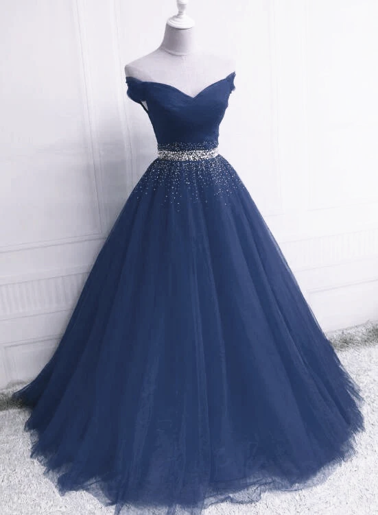 Beautiful Blue Tulle Long Sweetheart Beaded Party Dress, Blue Formal D ...