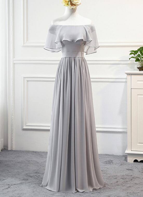Beautiful Simple Grey Chiffon Long Formal Dress, Grey Party Dress, Gre ...