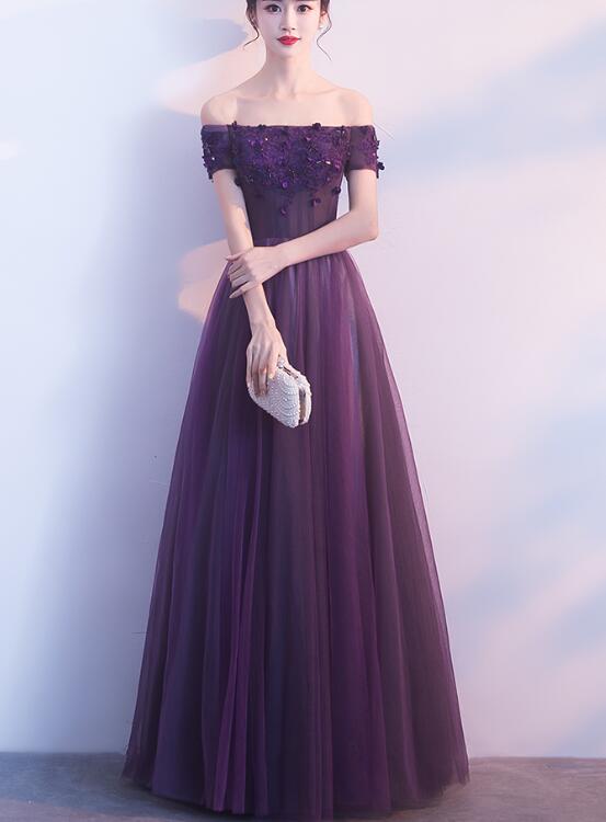 Off Shoulder Purple Tulle with Lace Applique Party Dress, Purple Prom ...