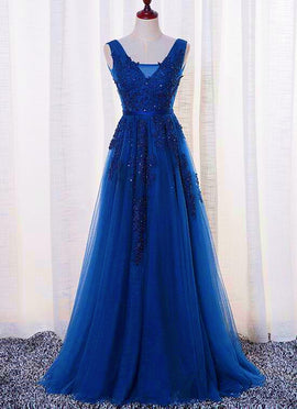 Light Blue V-neckline Lace Prom Dress with Corset Back, Light Blue Long  Evening Dresses