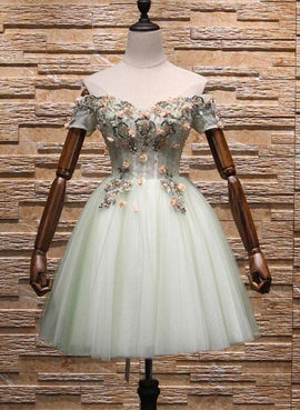 Lovely Green Short Tulle Off Shoulder Party Dress, Green Homecoming Dress  Formal Dress