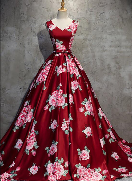 Dark Red Floral V-neckline Gorgeous Gowns, Red Formal Gowns, Pretty Fl ...