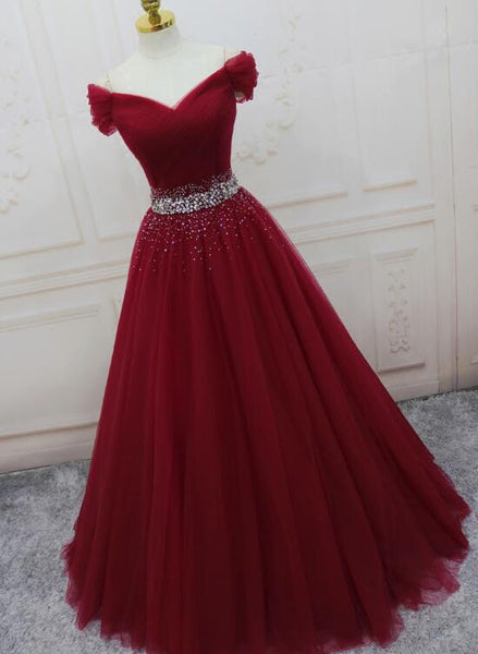 Wine Red Elegant Princess Gown, Handmade Off Shoulder Ball Gowns, Part ...