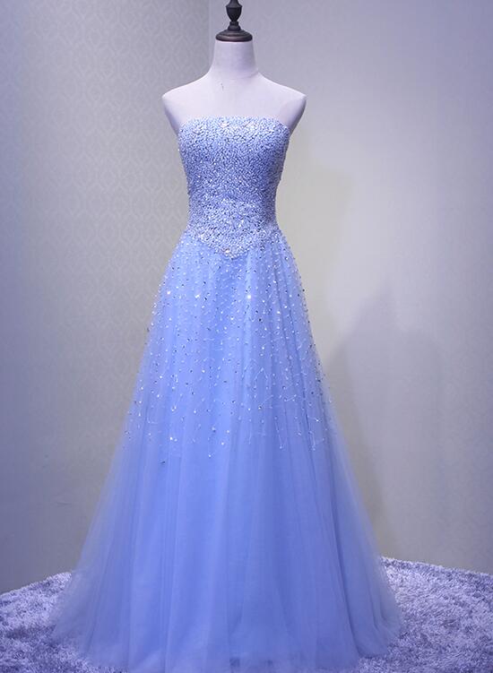 Light Blue Sparkle Long Formal Gowns Beaded Party Dresses Blue Tulle Bemybridesmaid 7519