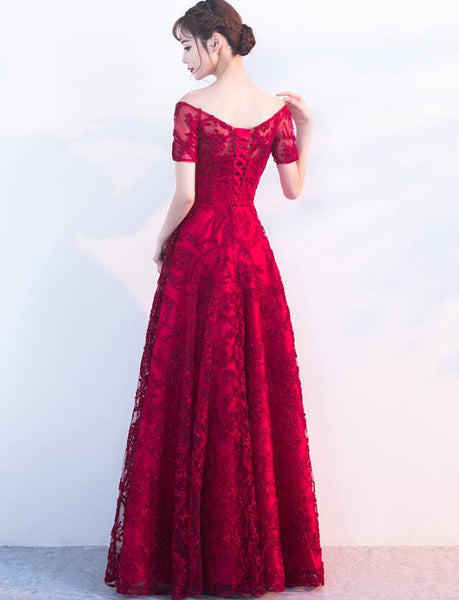 Beautiful Dark Red Lace A Line Long Bridesmaid Dress Prom Dress 2020 Cutedressy 