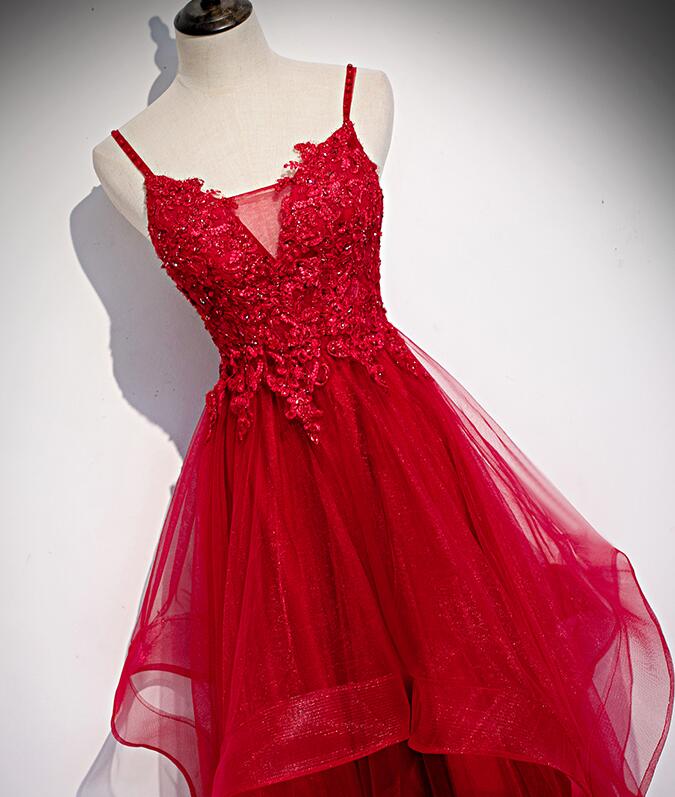 Red Lace Tulle Layered Straps Fashionable Long Party Dress, Long Prom ...