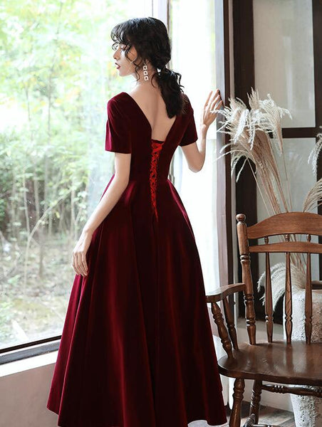 Wine Red Tea Length Short Sleeves Vintage Style Party Dress, Velvet Br ...