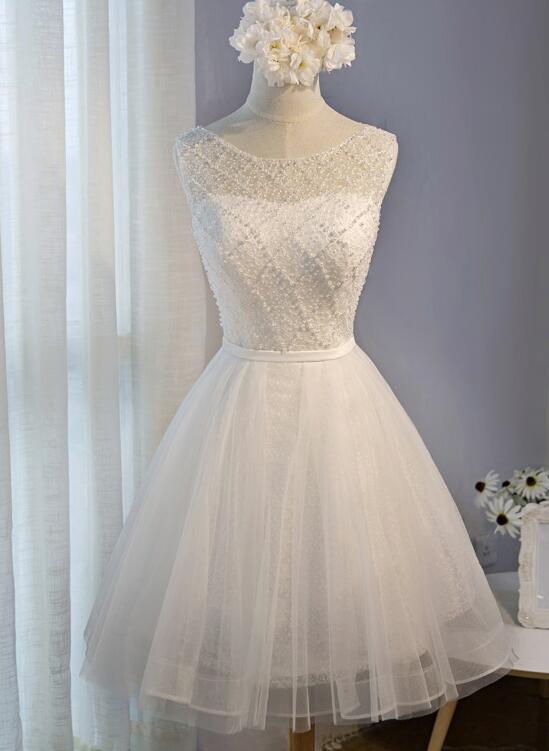 Simple White Tulle and Beaded Graduation Dress, White Party Dress, Gra ...