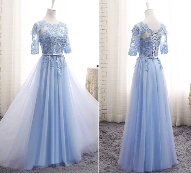 Light Blue Short Sleeves Lace Wedding Party Dresses, Blue Bridesmaid D ...