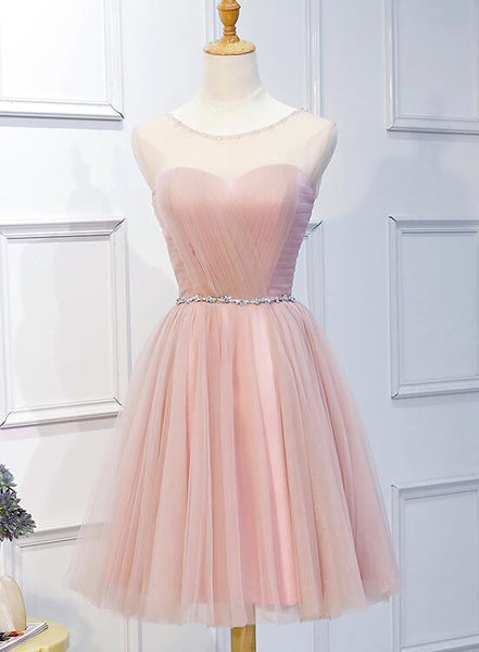 Light Pink O-neckline Beaded Cute Party Dress, Pink Short Formal Dress ...