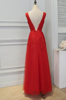 Red V Neck Tulle Tea Length Prom Dress, Red Evening Dress – shopluu