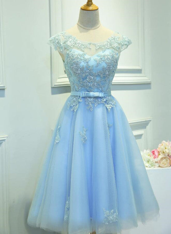 Light Blue Cap Sleeves Tea Length Vintage Style Formal Dress, Blue Hom