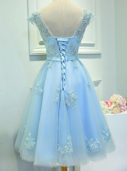 Light Blue Cap Sleeves Tea Length Vintage Style Formal Dress, Blue Hom ...