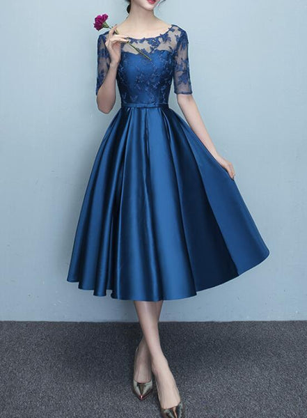 Blue Short Sleeves Tea Length Formal Dress Blue Bridesmaid Dresses W Cutedressy 9886