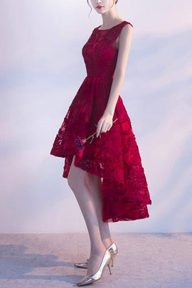 Intriguing Dark Red Lace High-low Cocktail Dress - Promfy