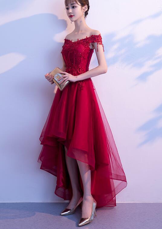 Dark Red High Low Dress Beautiful Tulle And Lace Prom Dress Formal G Cutedressy 