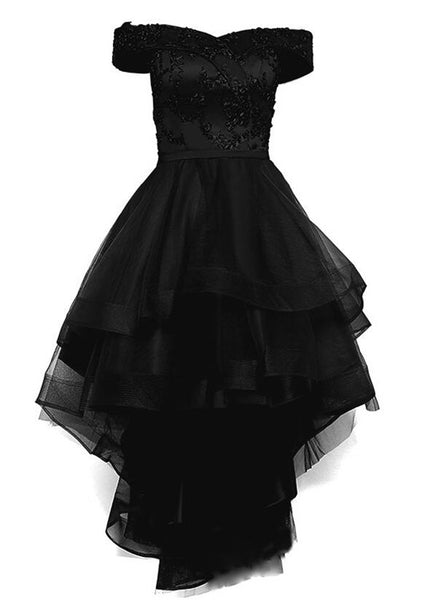 Black Off Shoulder Tulle and Lace High Low Homecoming Dress , Black Pr ...