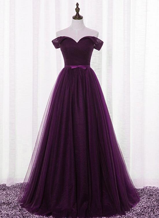 Dark Purple Tulle Off Shoulder Lace-up Formal Gown, Long Senior Prom D ...