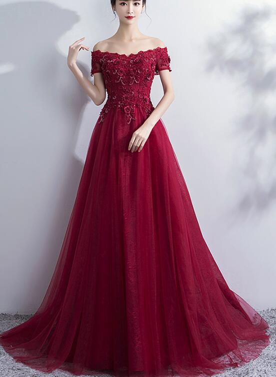 Wine Red Off Shoulder Tulle and Lace Evening Gowns, Beautiful Formal D