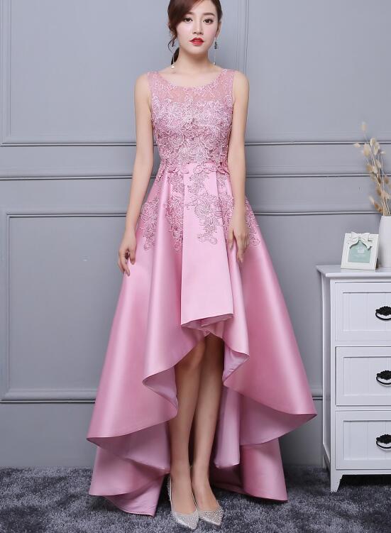 Lovely Pink Satin and Lace High Low Party Dress, Handmade Formal Dress ...