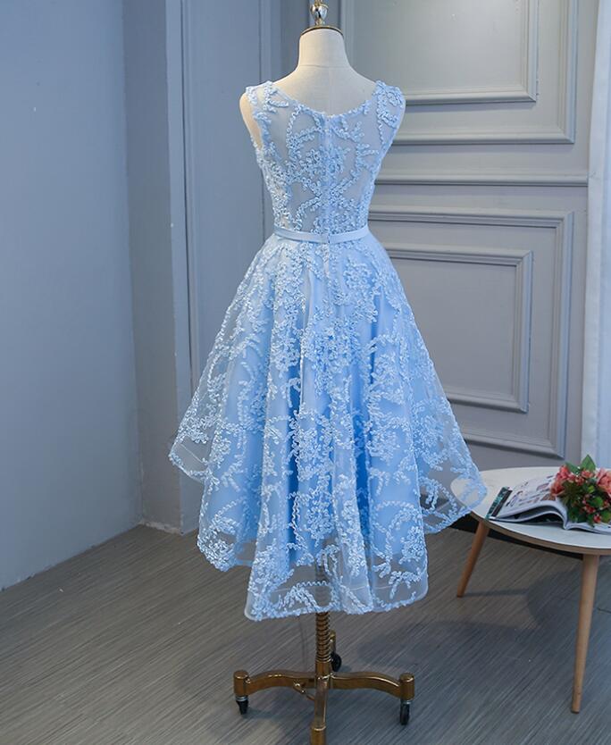 Charming Lace Round Neckline High Low Party Dress with Belt, Cute Part ...